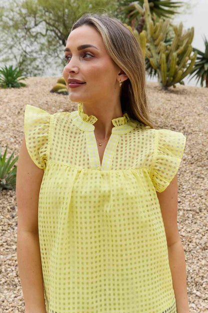 Full Size Ruffle Sleeve Grid Babydoll Top