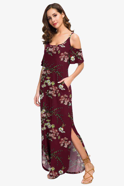 Slit Scoop Neck Cold-Shoulder Maxi Dress