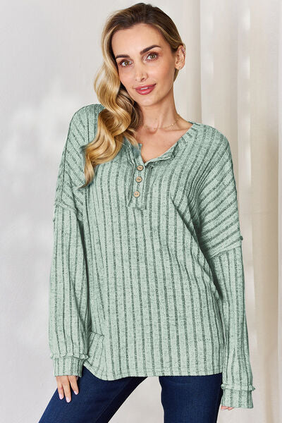 Full Size Ribbed Half Button Long Sleeve T-Shirt