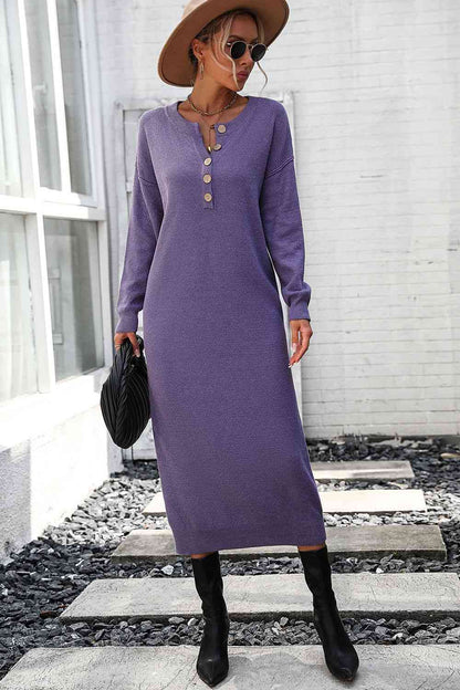 Notched Neck Dropped Shoulder Button-Down Midi Sweater Dress