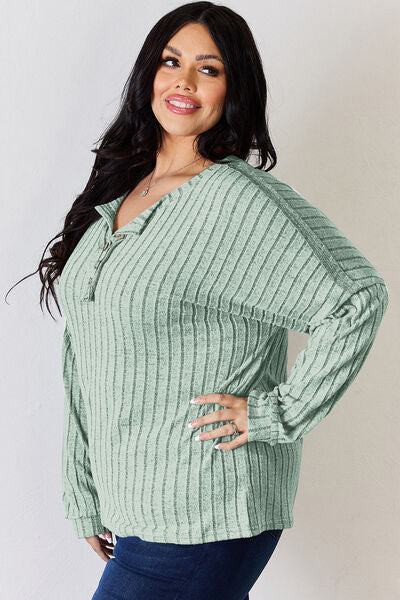 Full Size Ribbed Half Button Long Sleeve T-Shirt