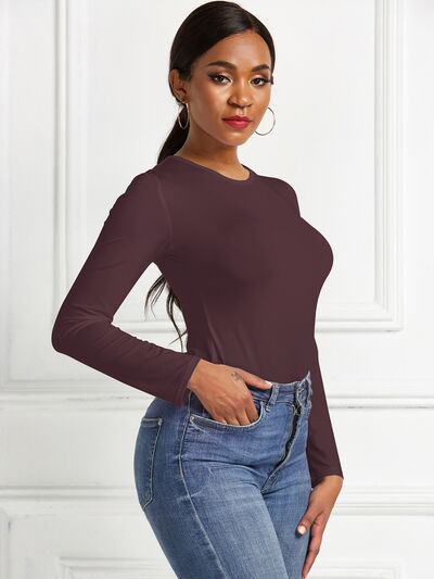 Round Neck Long Sleeve Stretchy Bodysuit