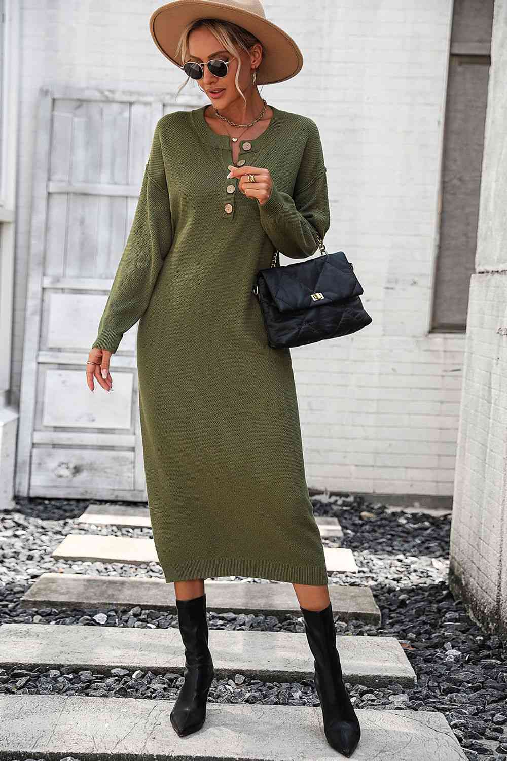 Notched Neck Dropped Shoulder Button-Down Midi Sweater Dress