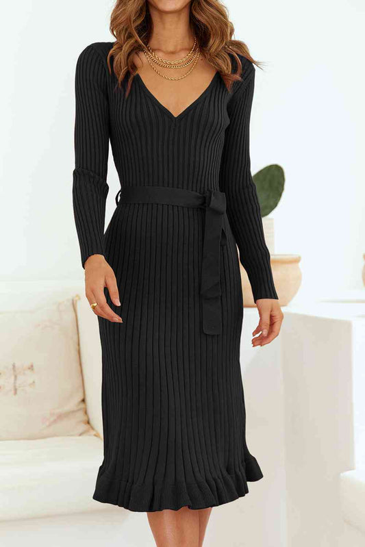 Ribbed V-Neck Tie Waist Pencil Sweater Dress