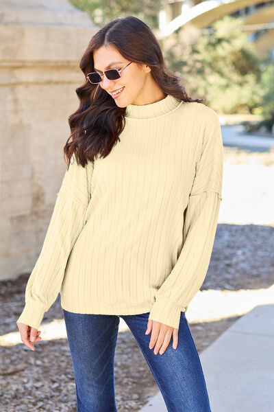 Full Size Ribbed Exposed Seam Mock Neck Knit Top