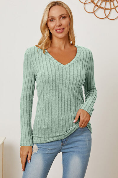 Full Size Ribbed V-Neck Long Sleeve T-Shirt