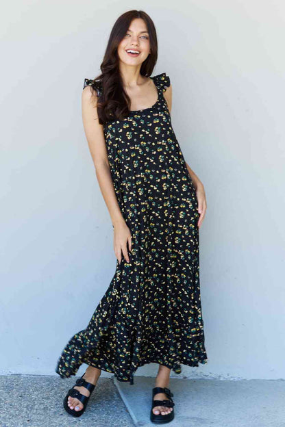 Ruffle Floral Maxi Dress in  Black Yellow Floral