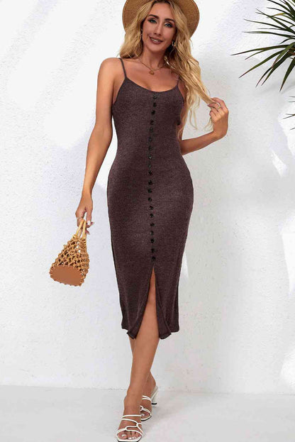 Decorative Button Slit Midi Sweater Dress