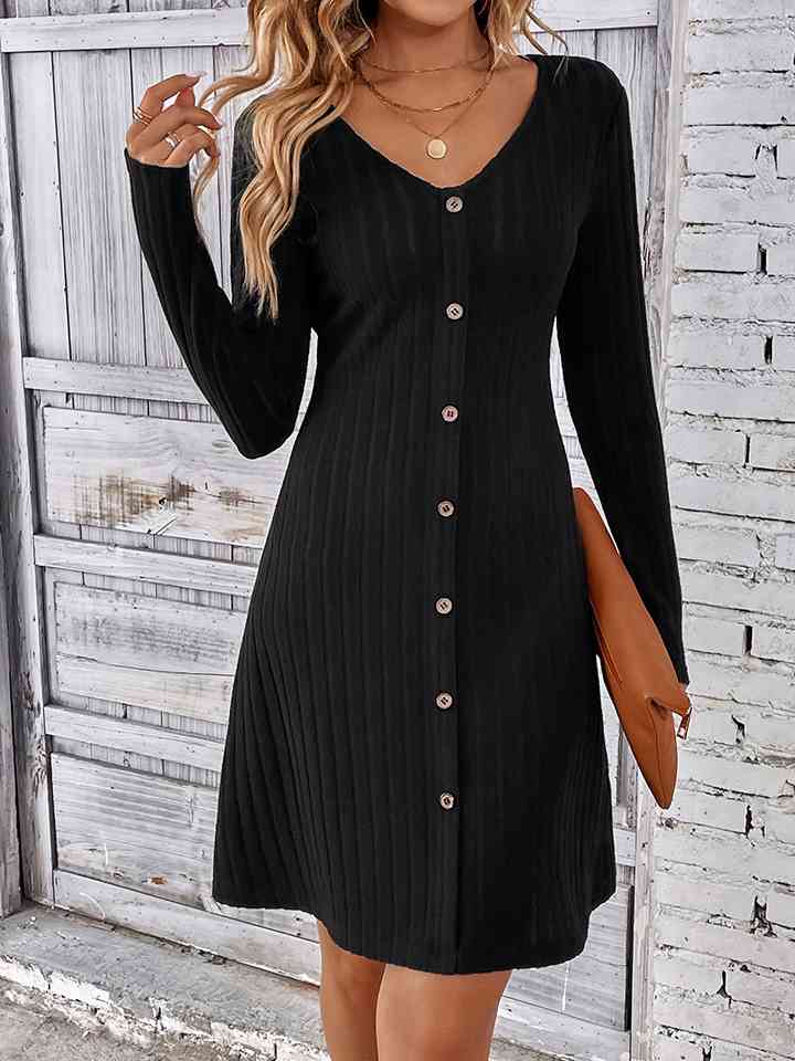 V-Neck Long Sleeve Mini Sweater Dress