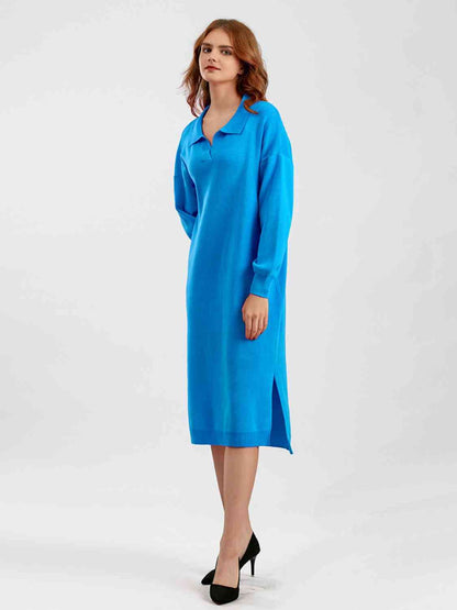 Johnny Collar Long Sleeve Slit Sweater Dress