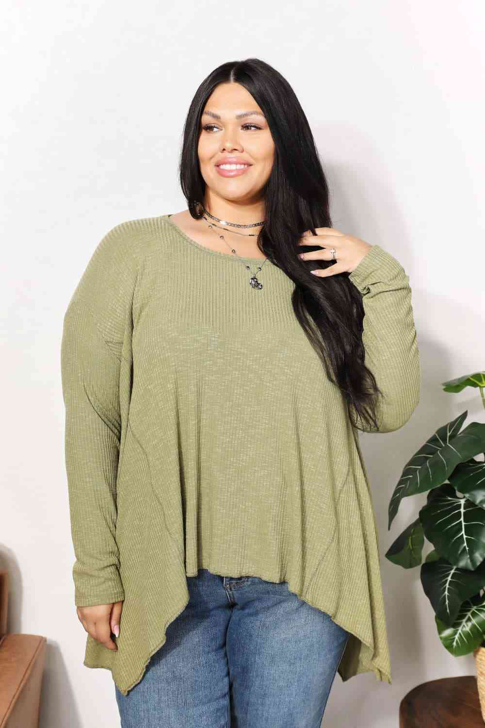 HEYSON Full Size Oversized Super Soft Rib Layering Top with a Sharkbite Hem and Round Neck