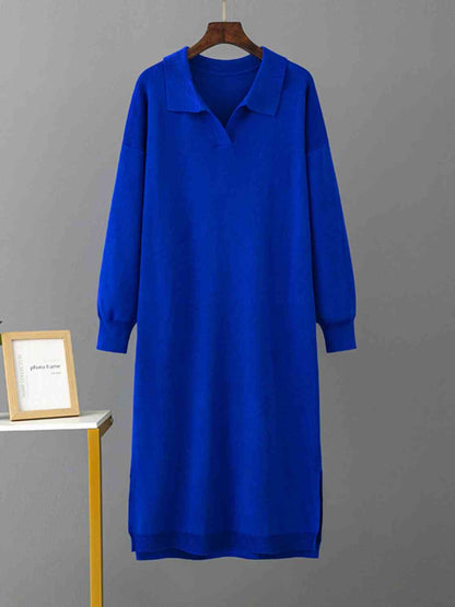 Johnny Collar Long Sleeve Slit Sweater Dress