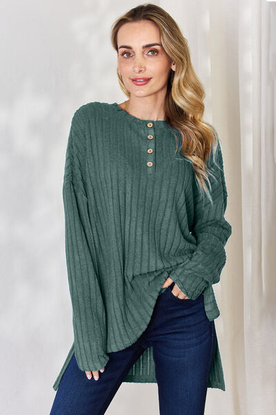 Full Size Ribbed Half Button Long Sleeve High-Low T-Shirt