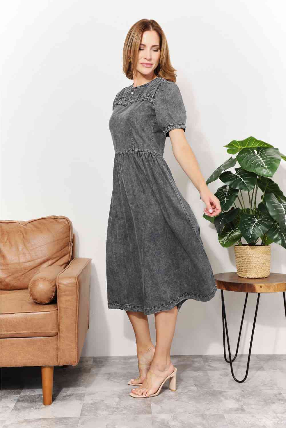 Full Size Washed Chambray Midi Dress