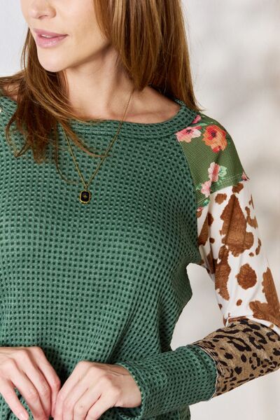 Hailey & Co Full Size Waffle-Knit Leopard Blouse