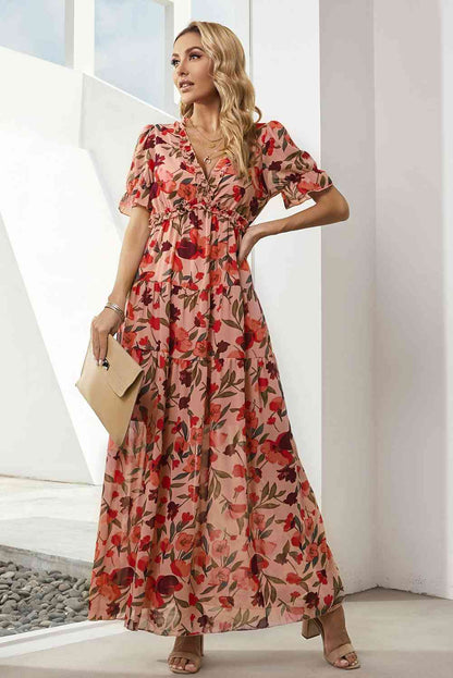 Floral V-Neck Short Flounce Sleeve Dress