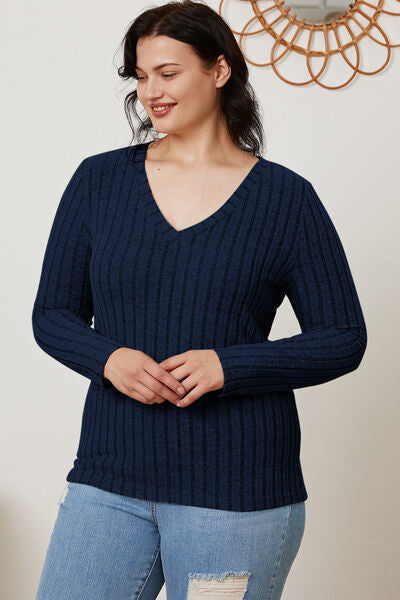 Full Size Ribbed V-Neck Long Sleeve T-Shirt