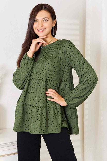 Heimish Full Size Long Puff Sleeve Polka Tiered Top