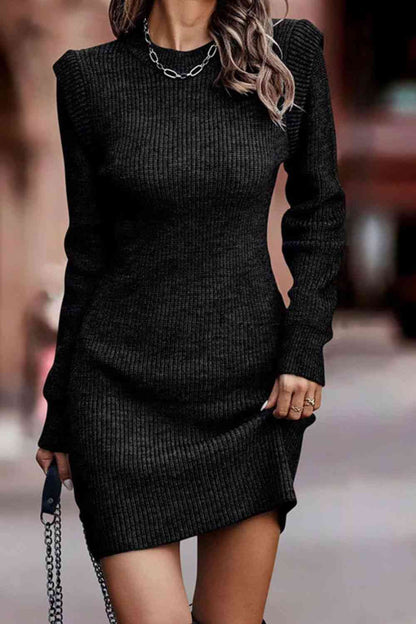 Rib-Knit Round Neck Sweater Dress