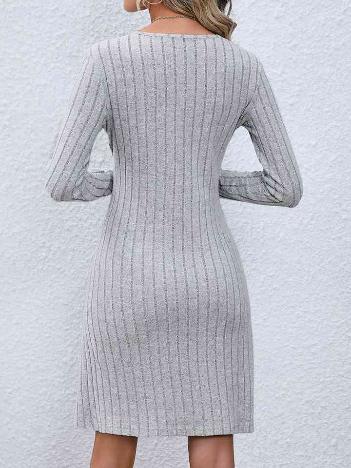 V-Neck Long Sleeve Mini Sweater Dress