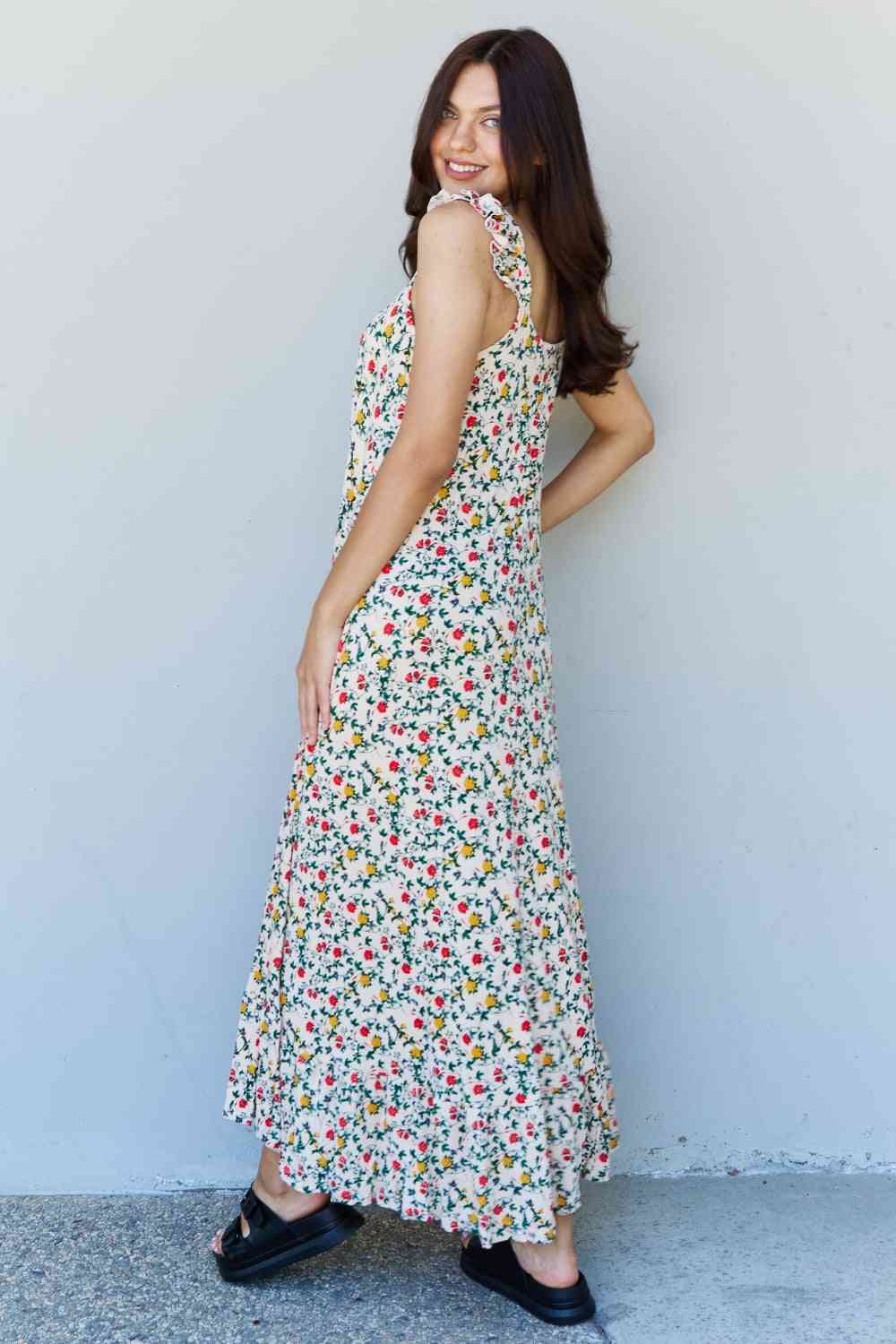 Ruffle Floral Maxi Dress in Natural Rose