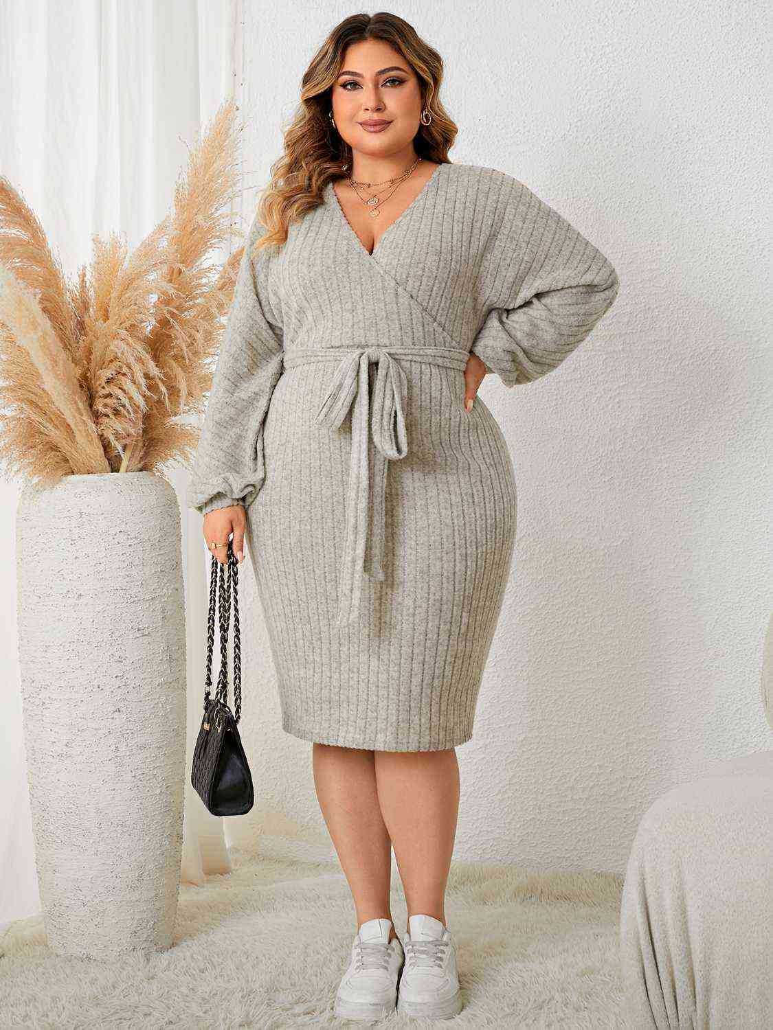 Plus Size Tie Waist Wrap Sweater Dress