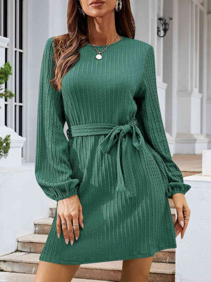 Round Neck Tie Front Long Sleeve Sweater Dress