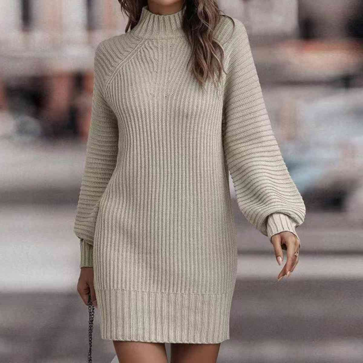 Mock Neck Lantern Sleeve Sweater Dress