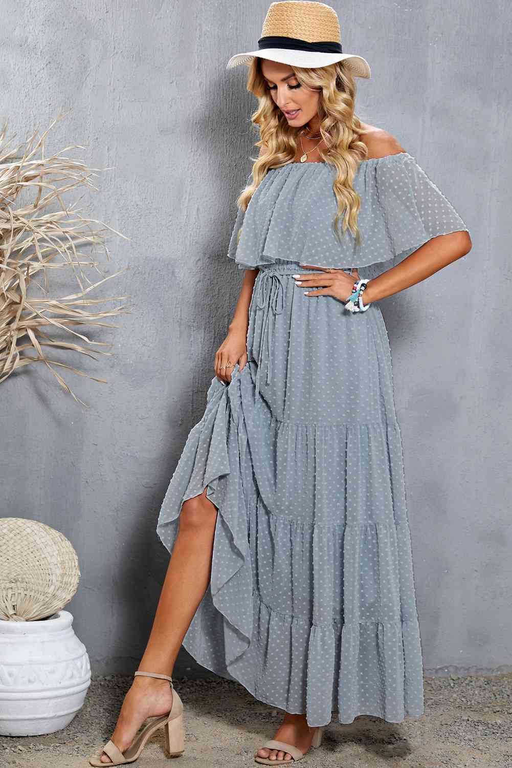 Swiss Dot Off-Shoulder Tiered Maxi Dress