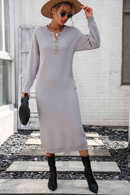 Notched Neck Dropped Shoulder Button-Down Midi Sweater Dress