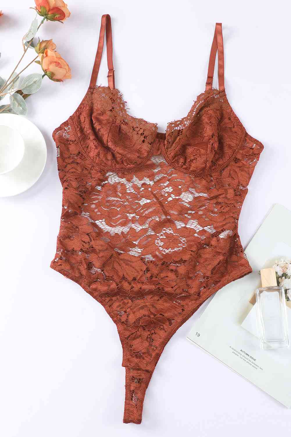 Lace Spaghetti Straps Cutout Bodysuit