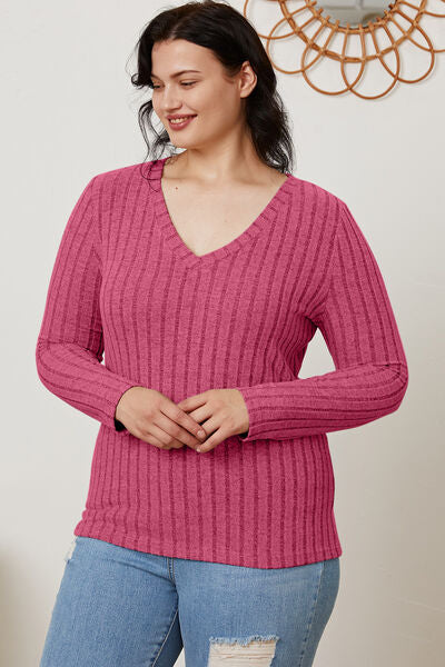 Full Size Ribbed V-Neck Long Sleeve T-Shirt