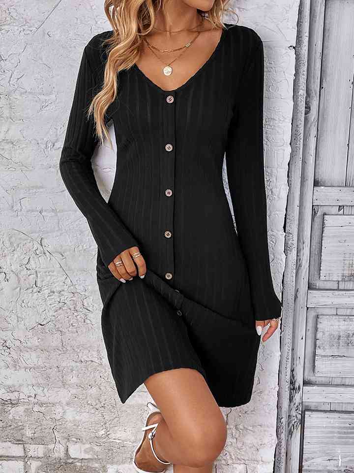 V-Neck Long Sleeve Mini Sweater Dress