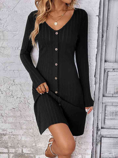 V-Neck Long Sleeve Mini Sweater Dress