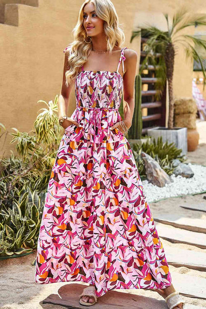 Printed Tie-Shoulder Smocked Maxi Dress