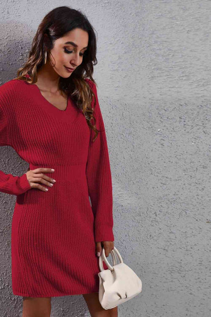 V-Neck Long Sleeve Rib-Knit Sweater Dress