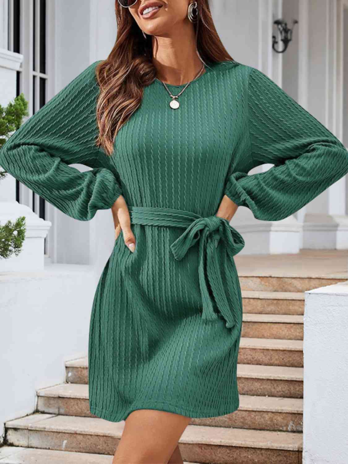 Round Neck Tie Front Long Sleeve Sweater Dress