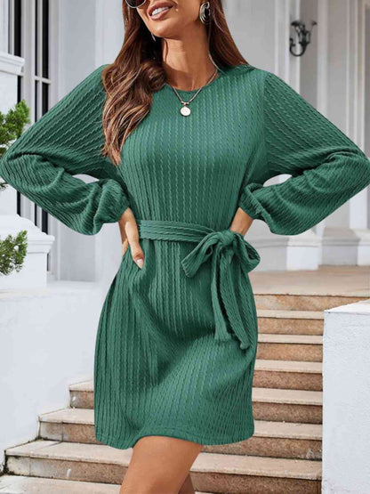 Round Neck Tie Front Long Sleeve Sweater Dress